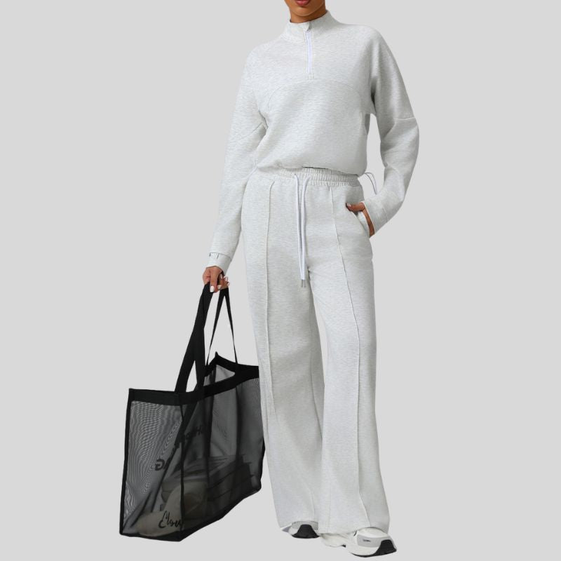 Thick half-zip sweatshirt + drawstring wide-leg pants 2-piece set