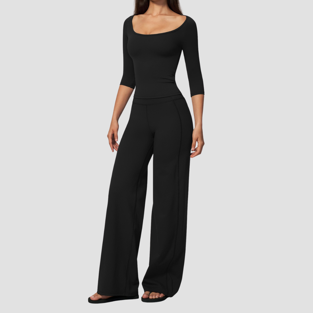 Wholesale Women's Round neck mid sleeve top+Hip lift Wide-Leg Yoga Set