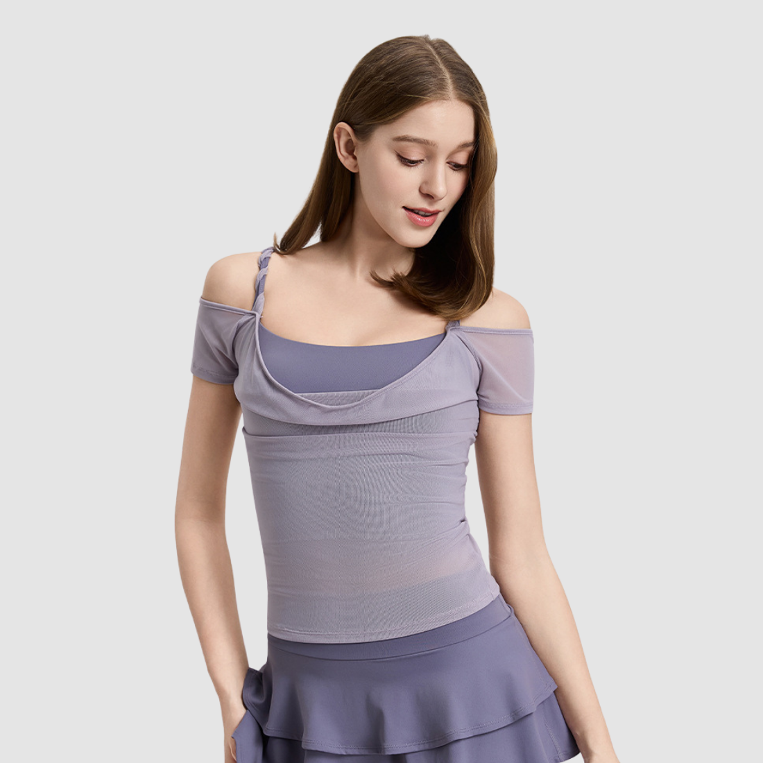 Wholesale Women's Mesh Off-Shoulder Short-Sleeve Sports Top