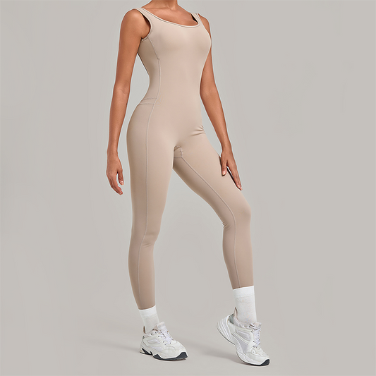 Wholesale Women's Brushed Yoga Jumpsuit – Open-Back Slim Fit Athletic Bodysuit w/ Chest Pad