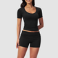 Wholesale short-sleeved tops and high-waisted fold-over shorts sets