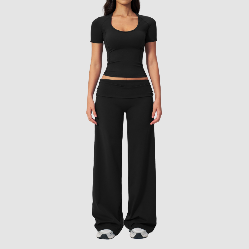 Wholesale Seam-Detail Cropped T-Shirt & Folding waist Flare Leggings Set