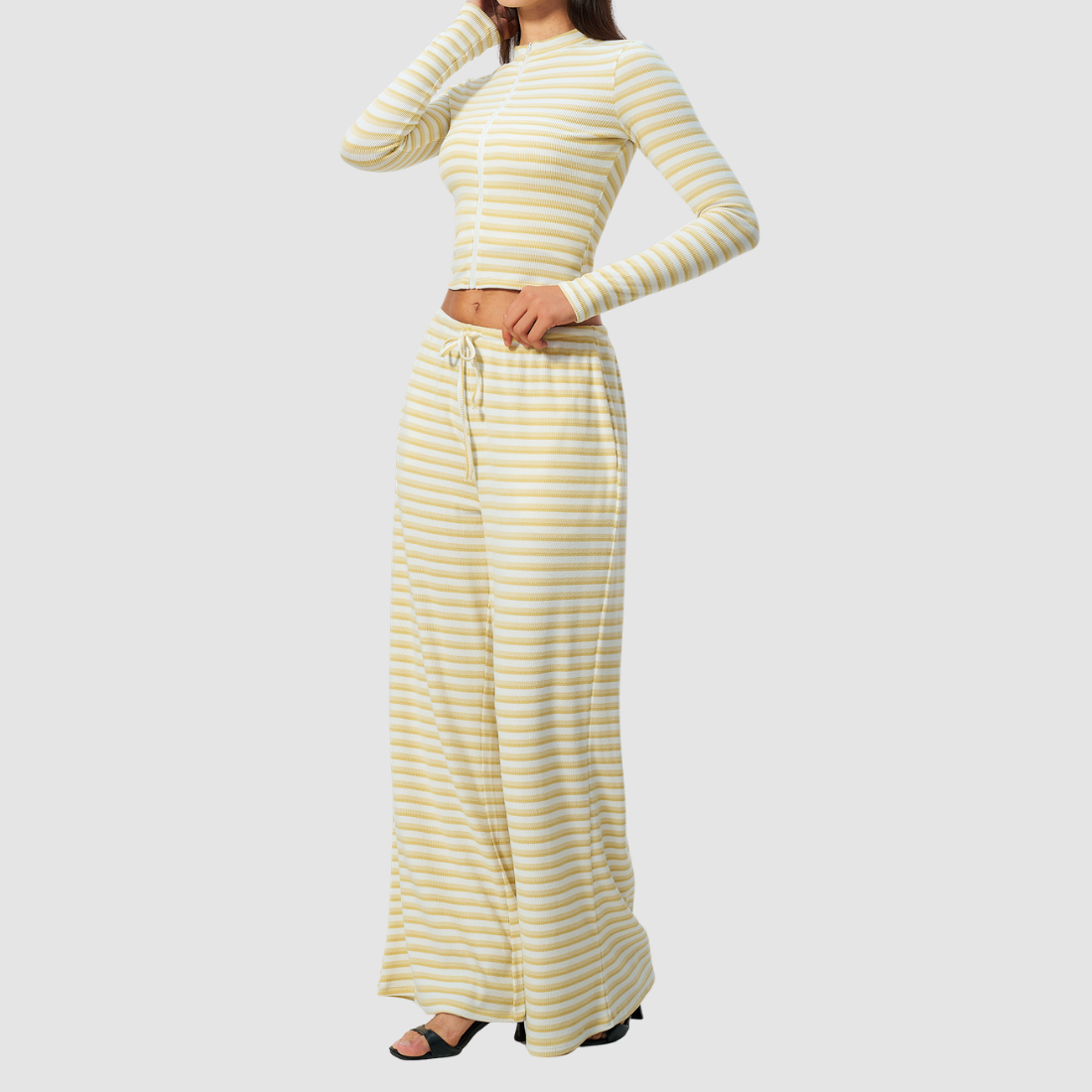 Wholesale Women's Stripe Yoga Set: Zip Stand-Collar Jacket & Wide-Leg Pants