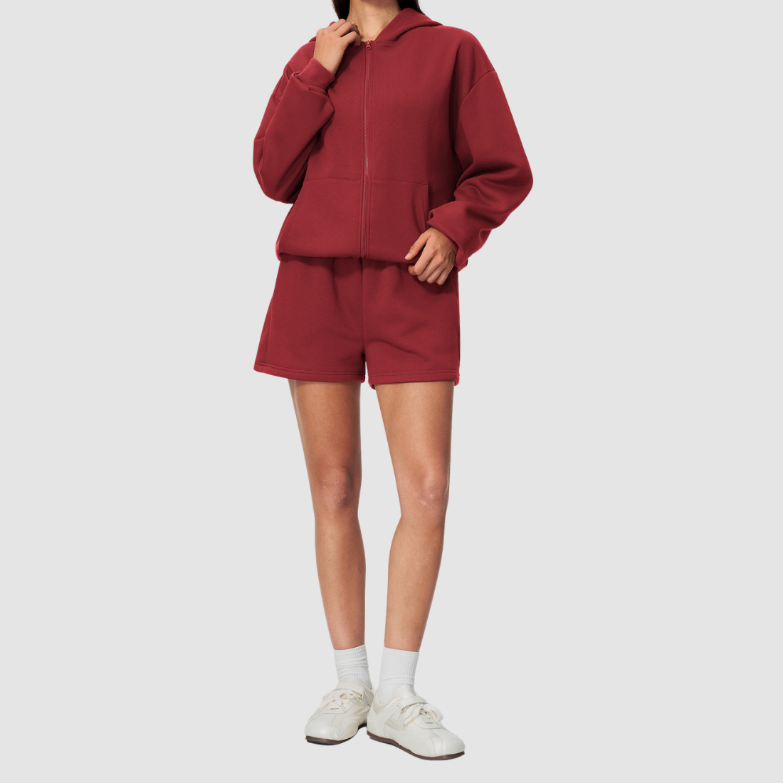 Wholesale Women's Warm Fleece-Lined Zip Up Hoodie & Sweat Shorts Set