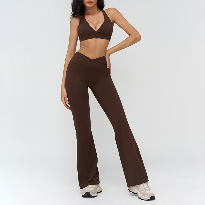 Halterneck backless bra + Flared pants 2-piece set