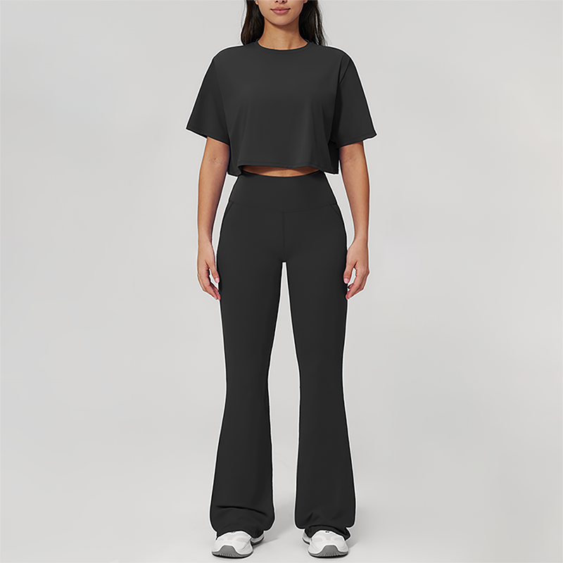Wholesale round neck short sleeved top+flared pants 2-piece set