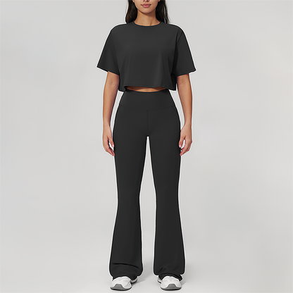 Wholesale round neck short sleeved top+flared pants 2-piece set