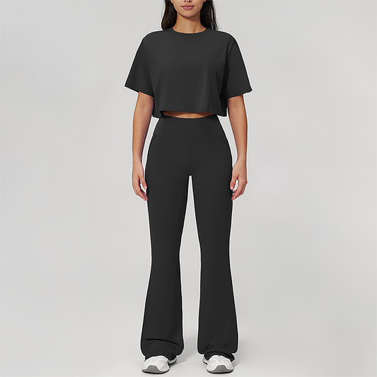Wholesale round neck short sleeved top+flared pants 2-piece set