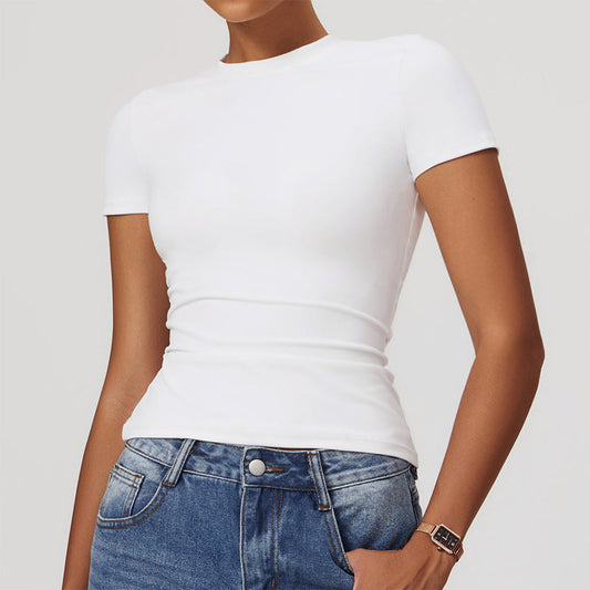 Brushed short sleeve and round neck yoga top