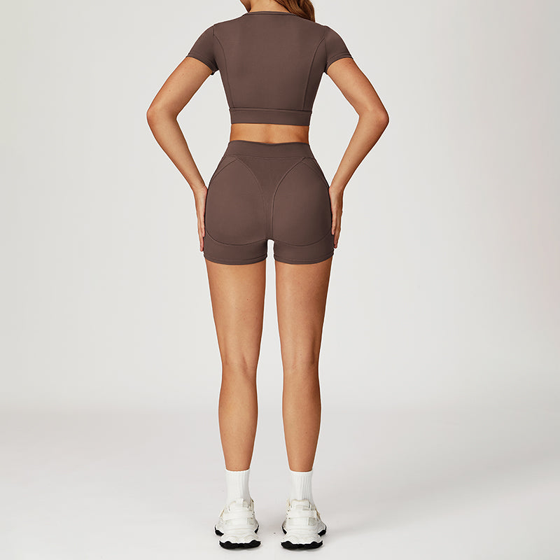 Round-neck short-sleeve high-waist fitted top+High-waist shorts 2-PIECE SET