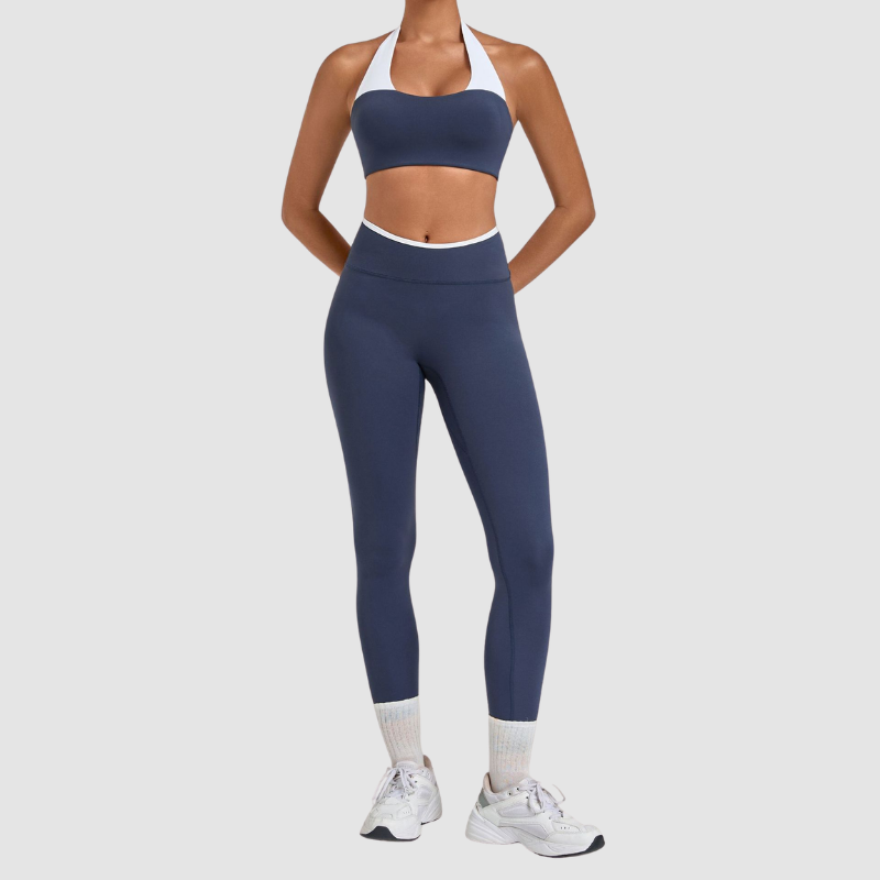 Wholesale Halter Neck Colorblock Yoga Set Sports Bra & Leggings – Naked Feel with Pocket