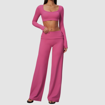 Wholesale Women's Brushed Yoga Set: Long-Sleeve Crop Top & Foldover Wide-Leg Pants