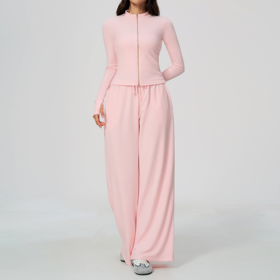 Wholesale Women's Stand-Collar Zip Jacket & Wide-Leg Pants Yoga Set
