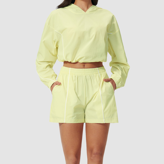 Wholesale Women's UPF50+ Sun Protection Hoodie Jacket + Shorts Set – Colorblock Outdoor Running Sportswear