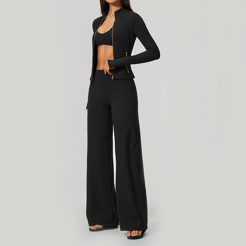 Wholesale Women's 3-Piece Yoga Set – Zip Jacket, Sports Bra & Wide-Leg Pants