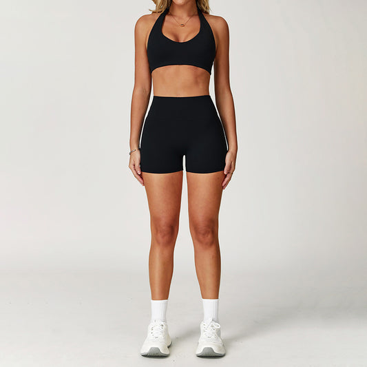 Brushed halter backless Sports Bra + High-Waist shorts 2-Piece Set