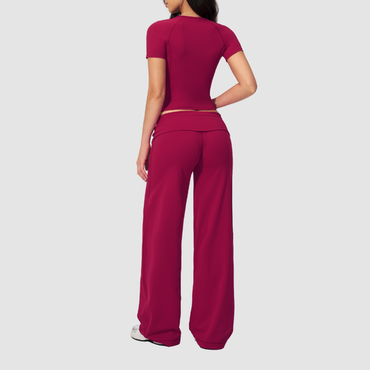 Wholesale Seam-Detail Cropped T-Shirt & Folding waist Flare Leggings Set