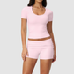 Wholesale short-sleeved tops and high-waisted fold-over shorts sets