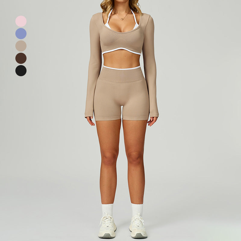 Seamless halter Contrasting Color top + High-waisted shorts 2-Piece Set