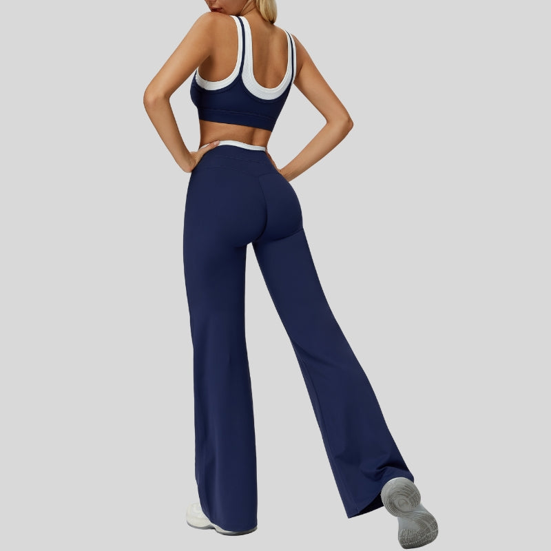 Contrast color sports bra + sport slightly flared pants 2-piece set