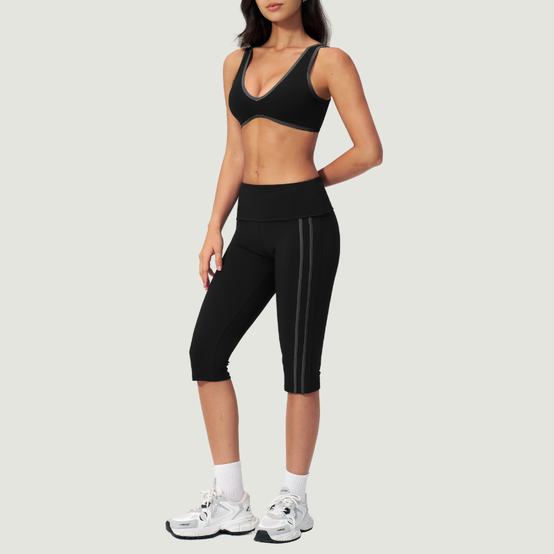 Wholesale color-blocked V-neck sports bra & striped cropped pants set