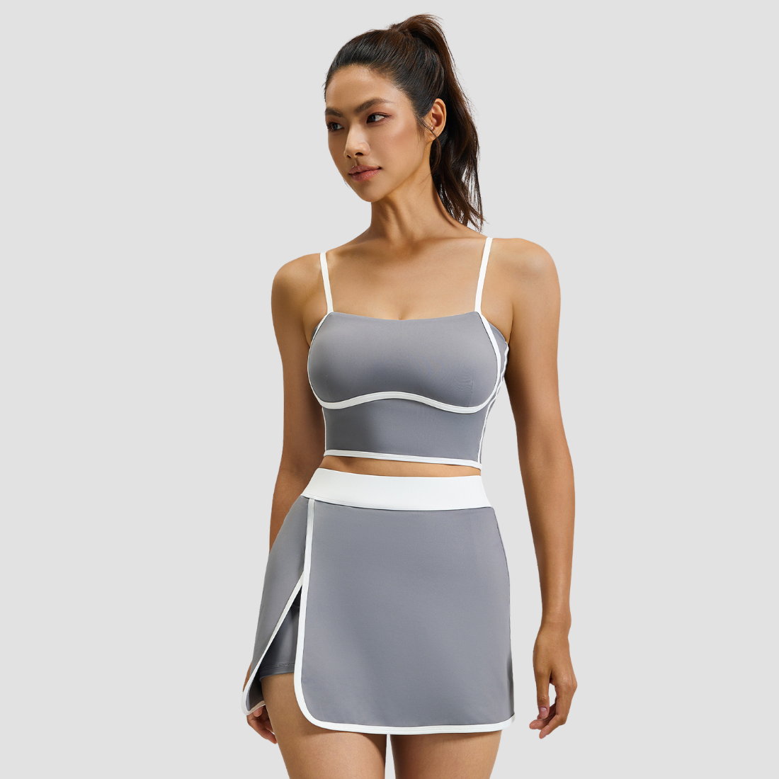 Wholesale Women's Linear Design Sports Bra & Mini Skirt Yoga Set w/ Chest Pad