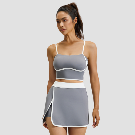 Wholesale Women's Linear Design Sports Bra & Mini Skirt Yoga Set w/ Chest Pad