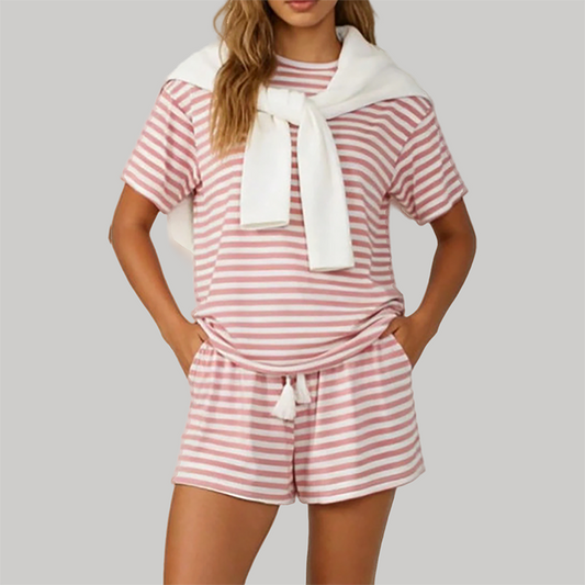 Wholesale Women's Striped Short Sleeve Shorts Set – Lightweight Casual Two-Piece