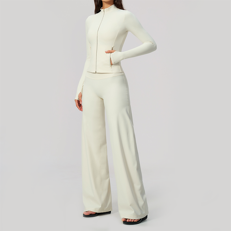 Wholesale Women's Zip-Up Yoga Jacket Set – Relaxed Wide-Leg Pants Activewear Set
