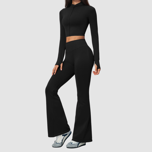 Wholesale Women's Stand-Collar Zip Jacket & Flared Yoga Pants Set