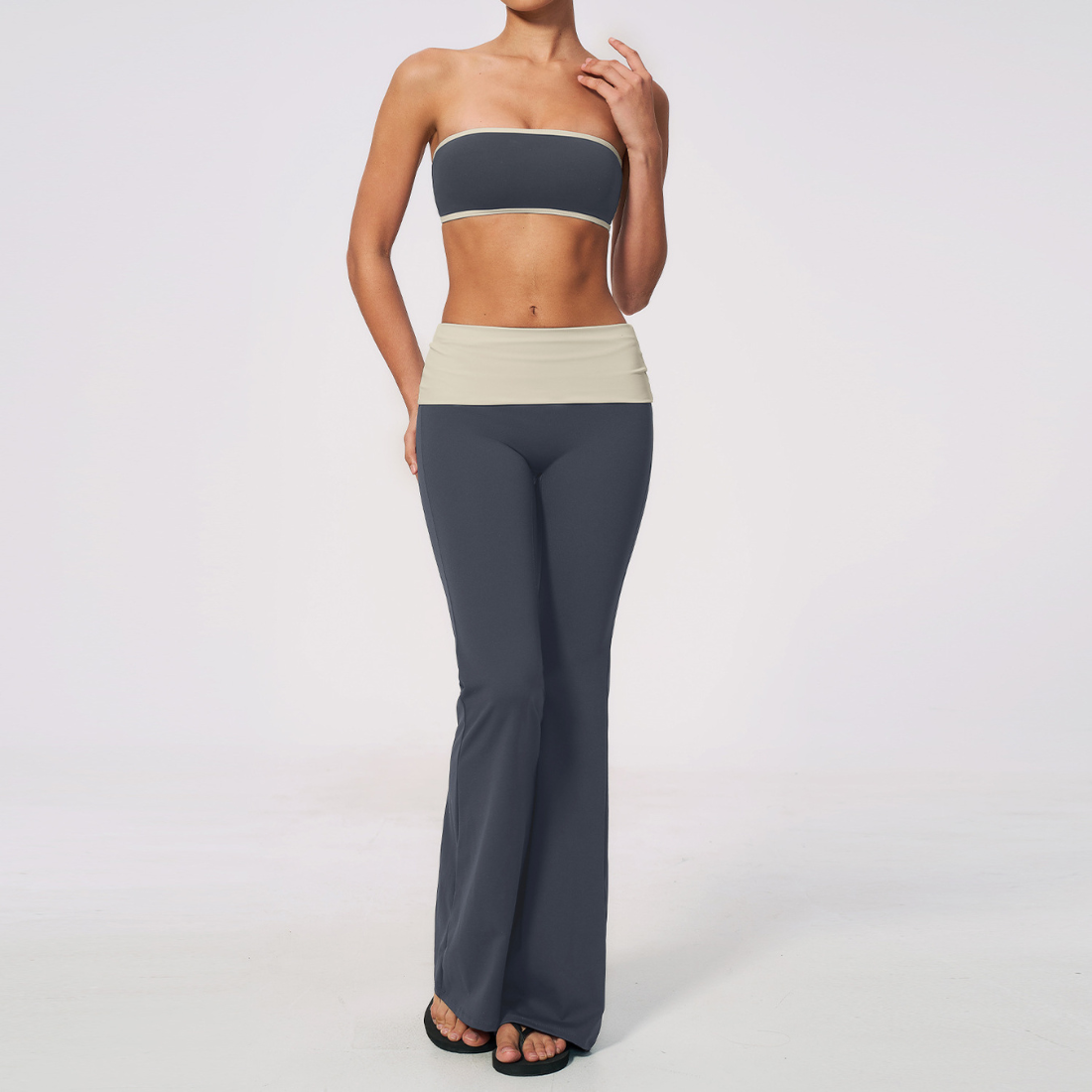 Wholesale Bandeau Contrast Color Flared Yoga Set – Tummy Control Fitness Outfit