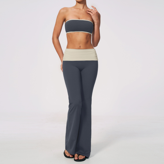 Wholesale Bandeau Contrast Color Flared Yoga Set – Tummy Control Fitness Outfit