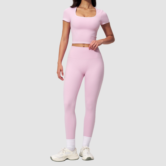 Wholesale Women's Seam-Detail Short Sleeve Crop Top + High-Waist Leggings Set – Butt-Lifting Yoga Gym Activewear