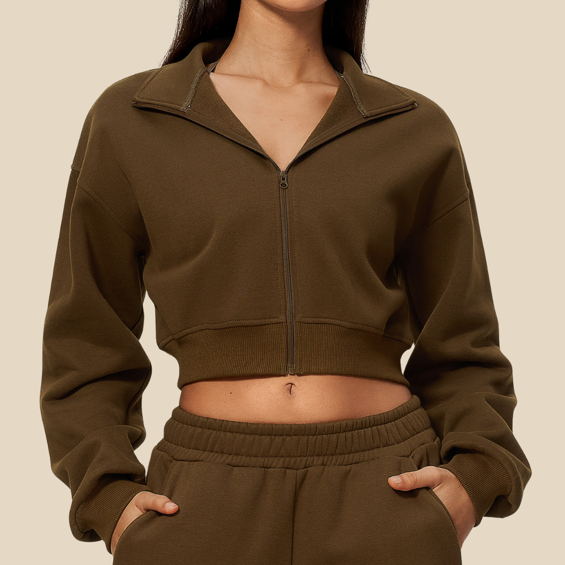 wholesale Women's Activewear Fleece-Lined Stand-Collar Zip Cropped Jacket