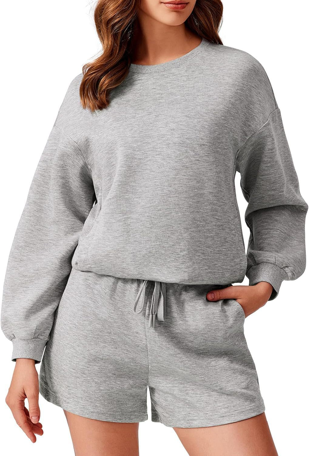 Round neck loose casual sweatshirt+Loose-fitting athletic shorts 2-piece set