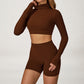 High-Neck Cropped Long Sleeve + Butt-Lifting Shorts 2-Piece Set