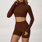 High-Neck Cropped Long Sleeve + Butt-Lifting Shorts 2-Piece Set