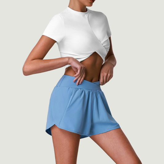 Wholesale Women's Quick-Dry Short Sleeve Crop Top + Crossover Waist Shorts Set – Tennis Running Activewear