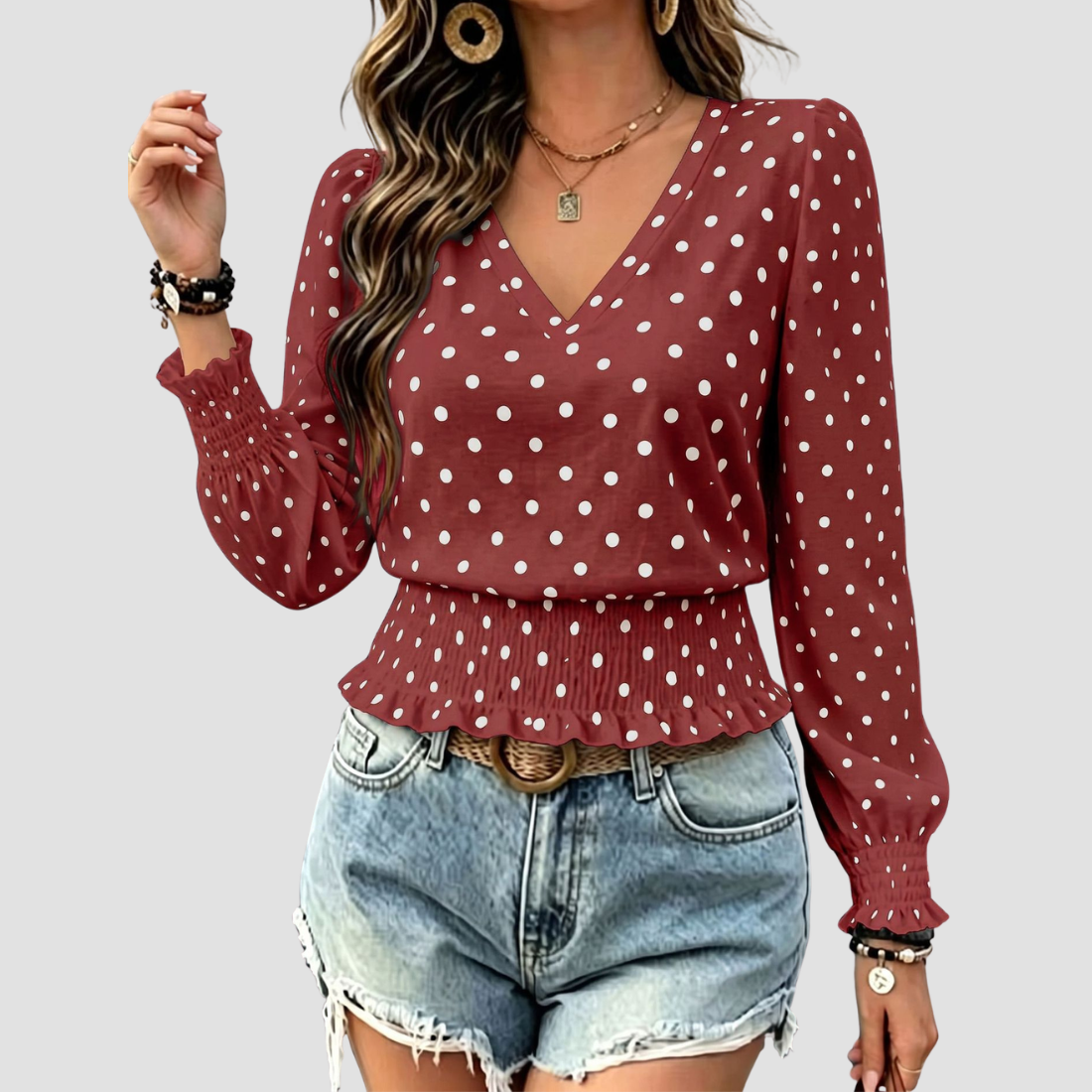 Wholesale Women's Round neck printed polka dot long sleeve V-neck fashionable casual top