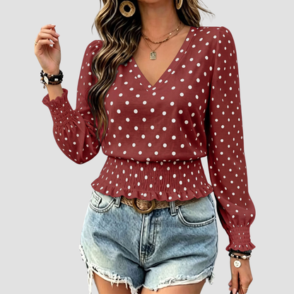 Wholesale Women's Round neck printed polka dot long sleeve V-neck fashionable casual top
