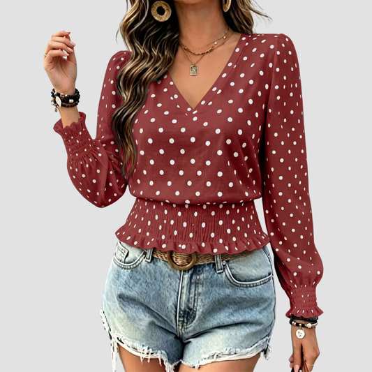 Wholesale Women's Round neck printed polka dot long sleeve V-neck fashionable casual top