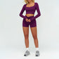 Slim-fitting long-sleeved top + tight-fitting athletic shorts 2-piece set