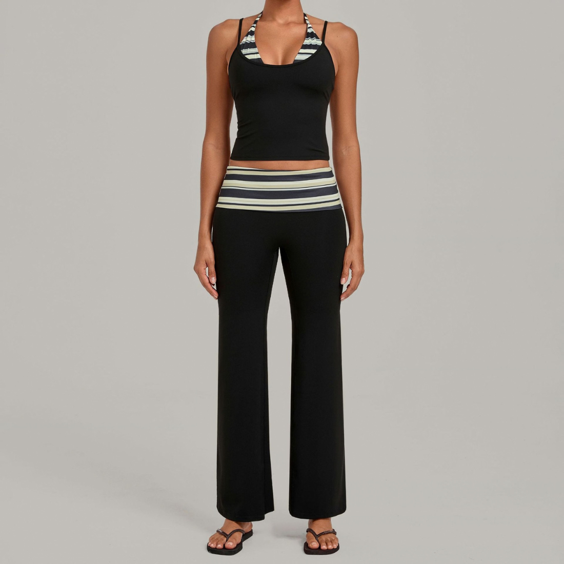 Wholesale Women's Retro Print Yoga Fake Two-Piece Vest+Flared-Leg Pants Set