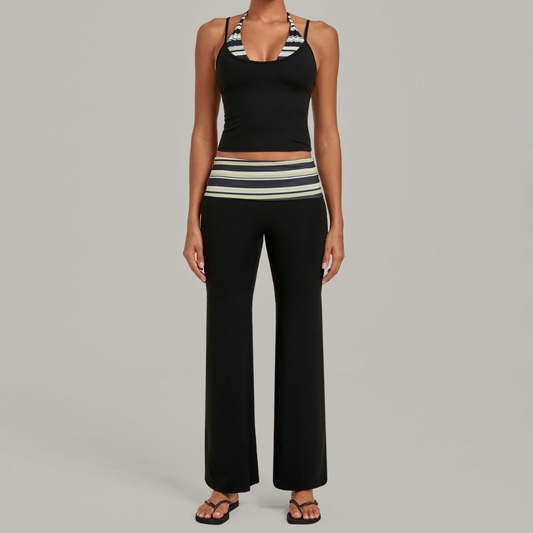 Wholesale Women's Retro Print Yoga Fake Two-Piece Vest+Flared-Leg Pants Set