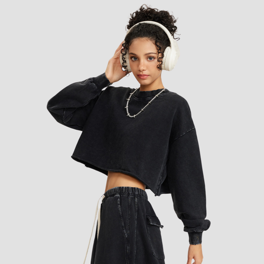 Wholesale Washed Raw-Edge Long Sleeve Top – Cropped Cotton Streetwear