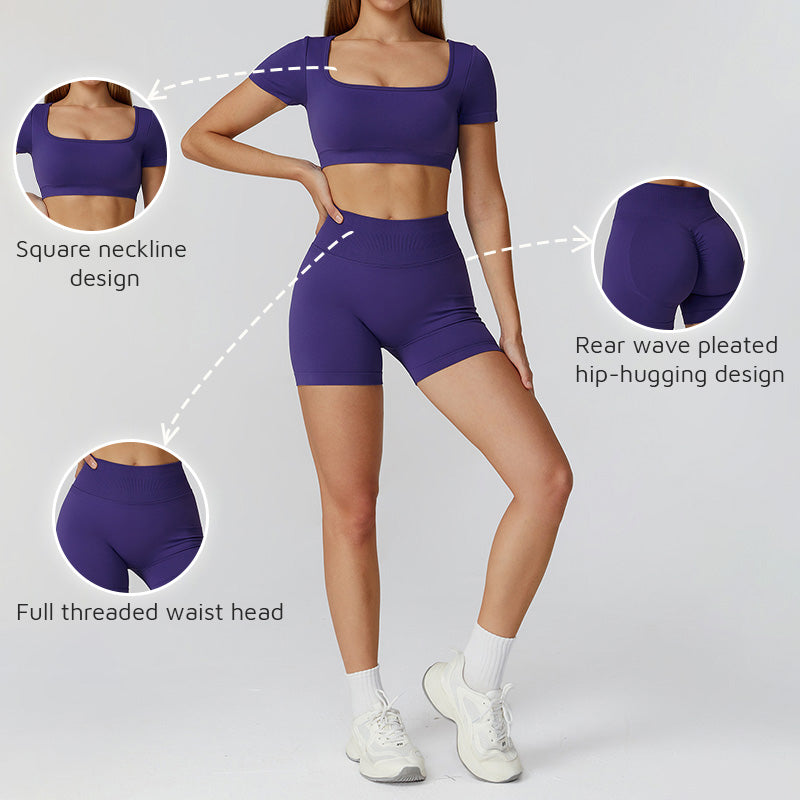 Sports de manga curta sem costura top + shorts de cintura alta
