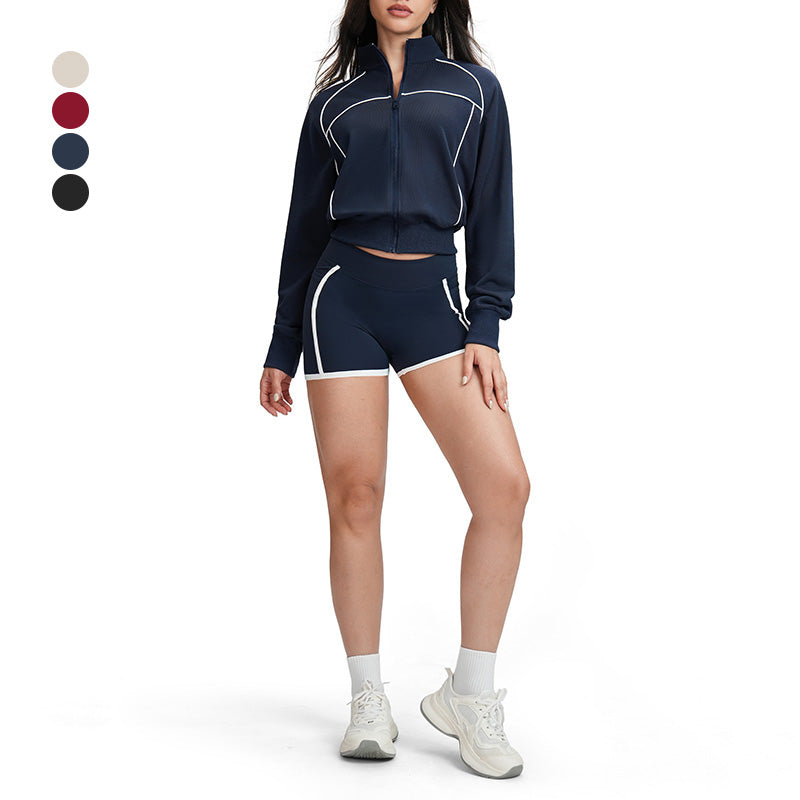 Color-blocked loose-fitting jacket + high-waisted shorts 2-piece set