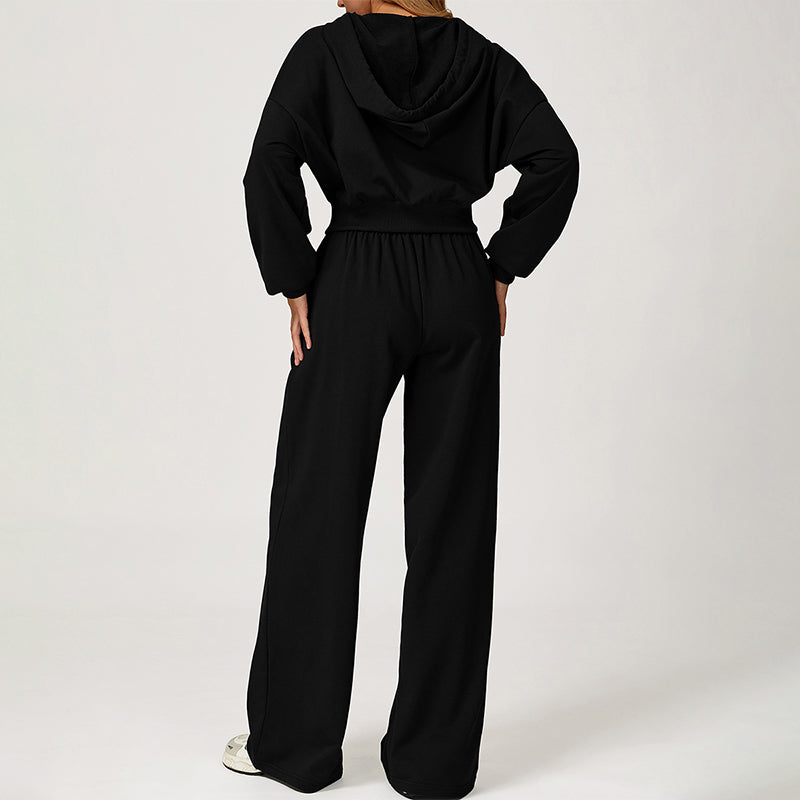 LOOSE HOODED AND FULL ZIPPER SWEATSHIRT + DRAWSTRING SWEATPANTS 2 PIECES SET