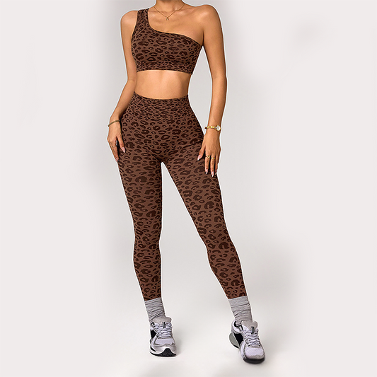 Wholesale Women's Leopard Print Yoga Set – One-Shoulder Bra & High-Waist Leggings