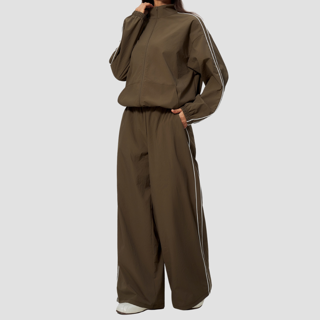 Wholesale Women's Stand-Collar Zip Jacket and Wide-Leg Long Pants Set